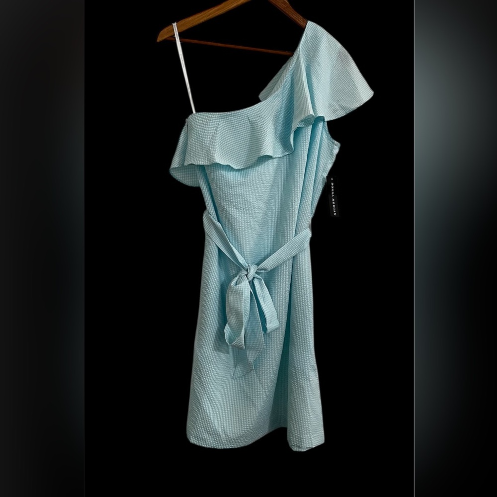 NWT Donna Morgan Aqua One-Shoulder Sear-sucker Ruffled Sundress